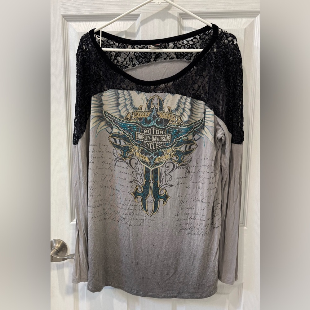 Harley-Davidson Gray Top with Black Lace Shoulders and Bling Rhinestones
